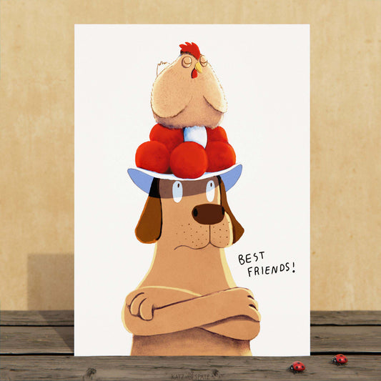 Grußkarte - Hund und Huhn - Best Friends - Geburtstagskarte,  Postkarte - A6